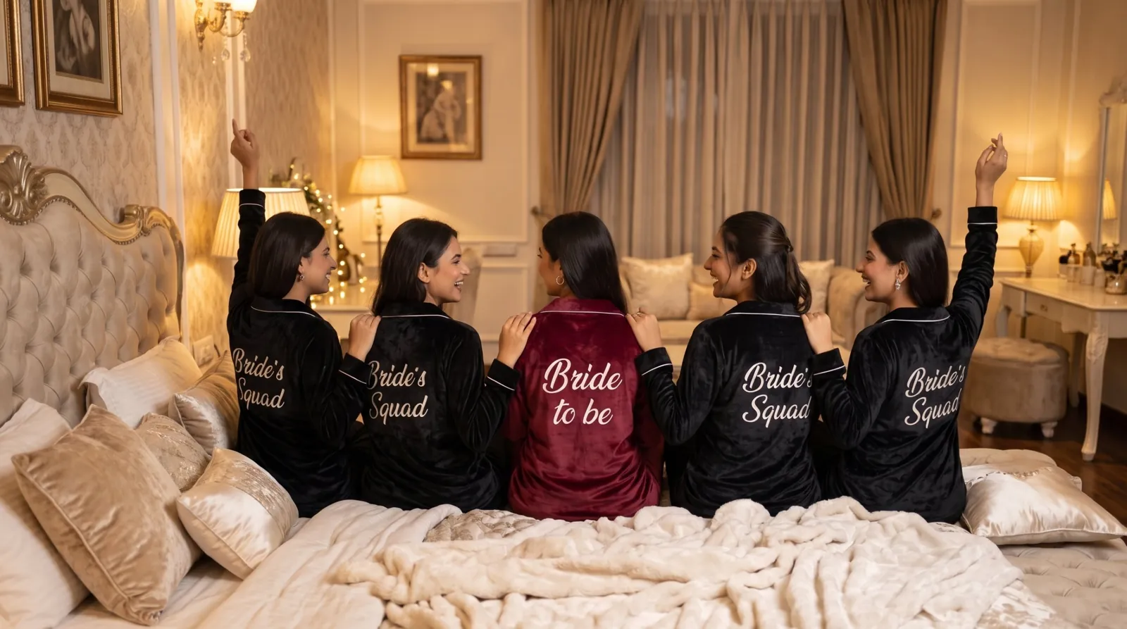 Bride in a maroon velvet nightsuit with friends in black Bride's Squad nightsuits